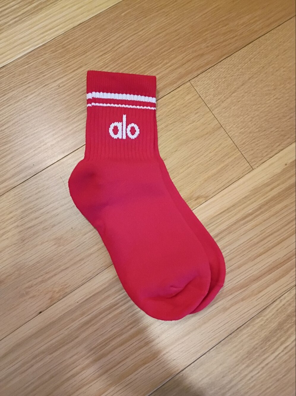 ALO Yoga Red Half Crew Socks with White Logo and Stripes